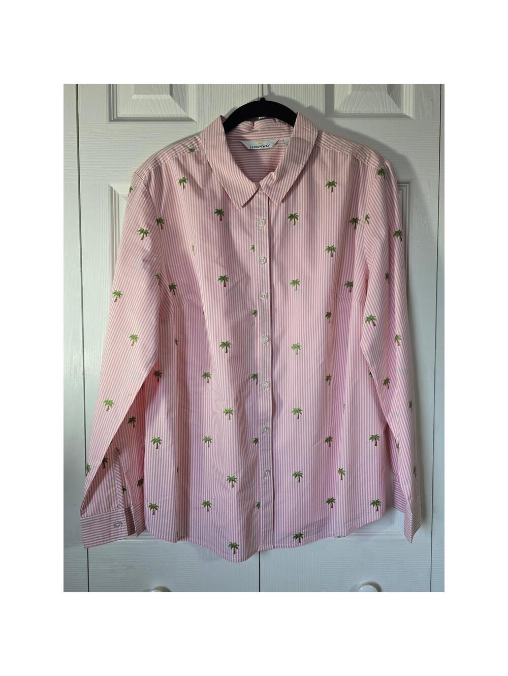 Lemon Way Womens Large Pink White Striped Palm Tree Embroidered Button Up Shirt